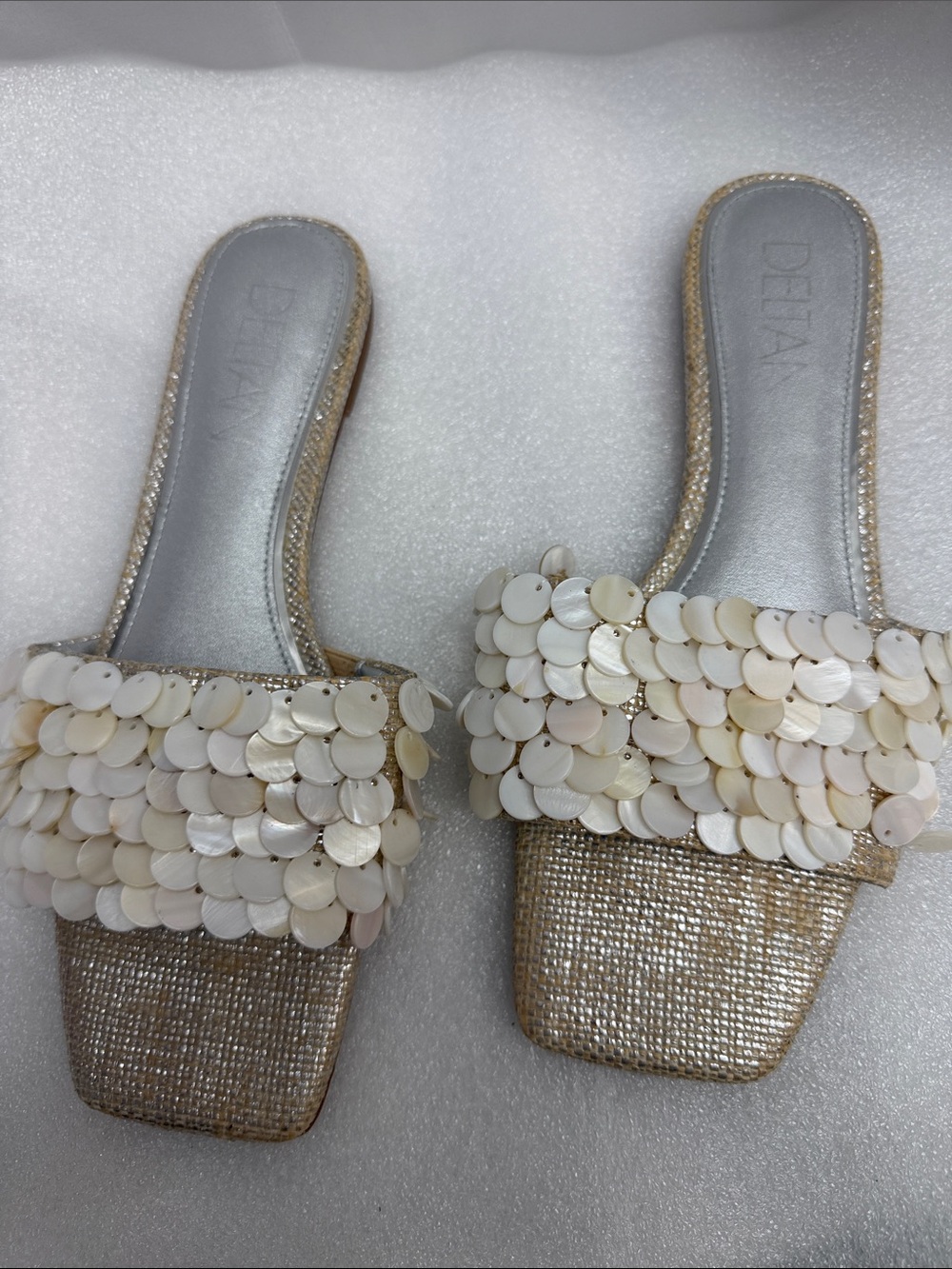 Delta Gold Slide Sandals with Iridescent Mother-of-Pearl Sequins